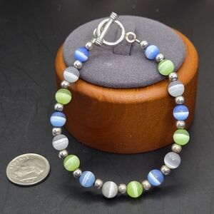 Cats Eye Sterling Silver Bead Toggle Closure Bracelet Vintage